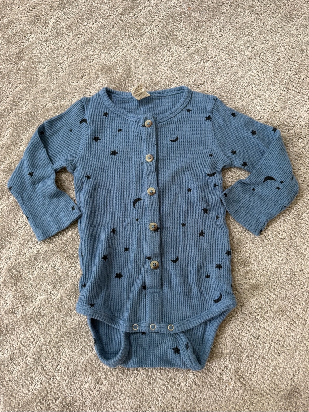 Kate Quinn Waffle Thermal Onesie in Blue and Black Moon and Stars Size 18-24 Mo